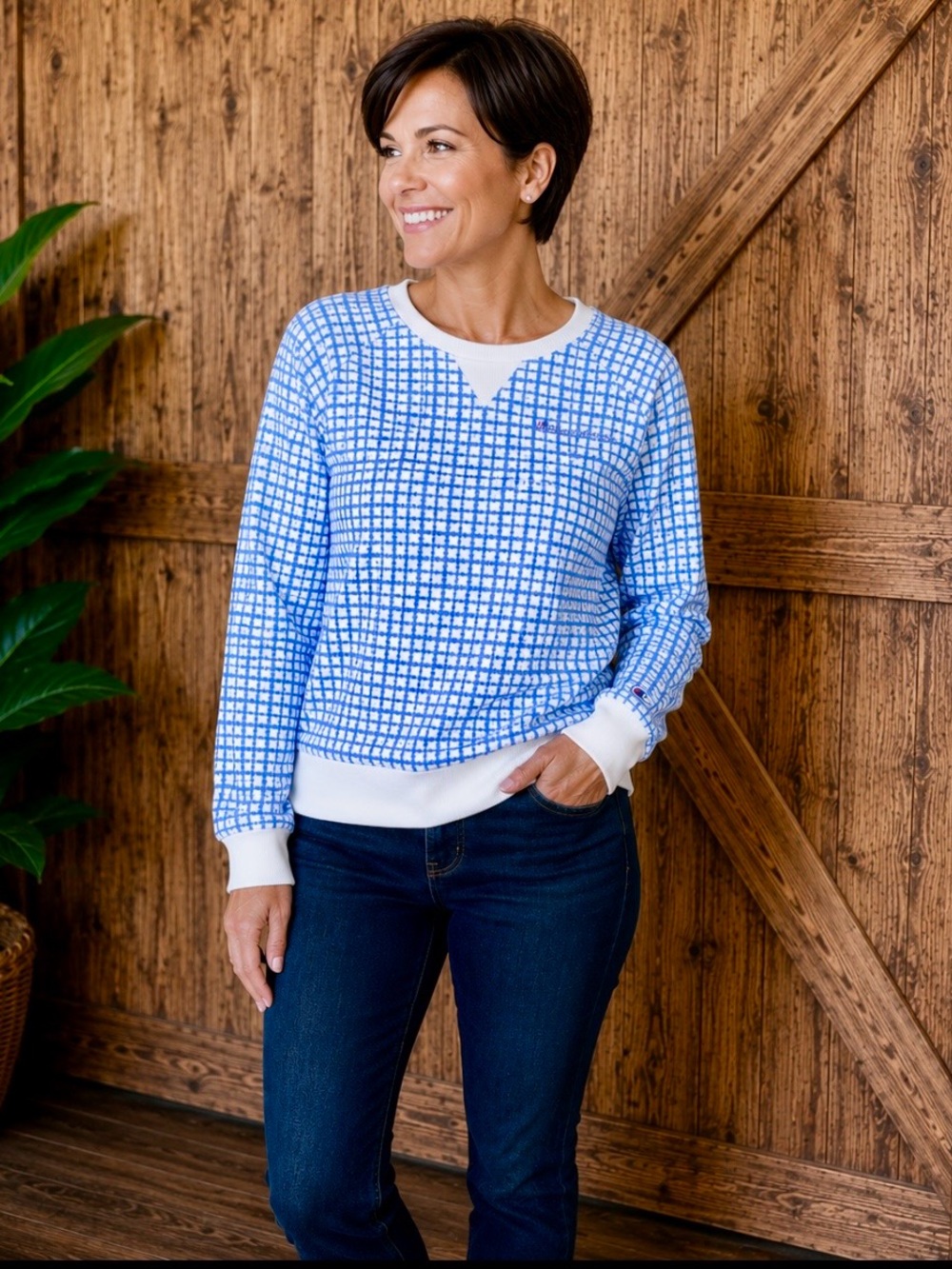 Champion Women’s 2XL Blue White Grid Print Crewneck Sweatshirt
